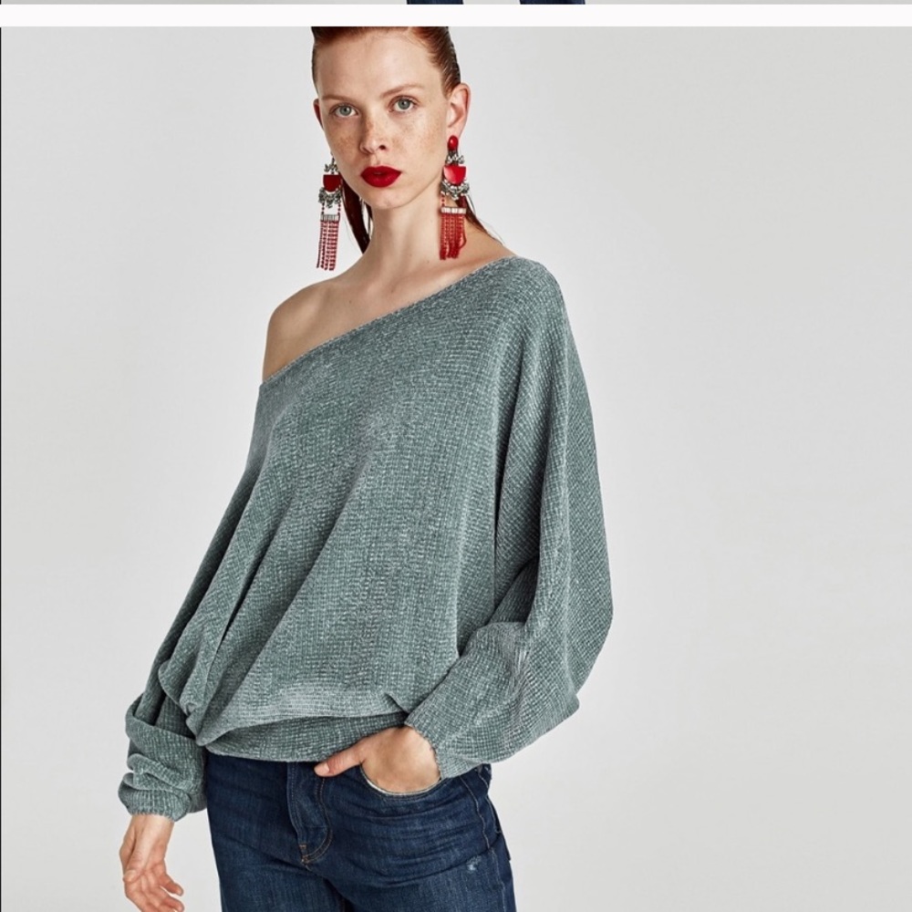 Zara blue chenille off the shoulder sweater